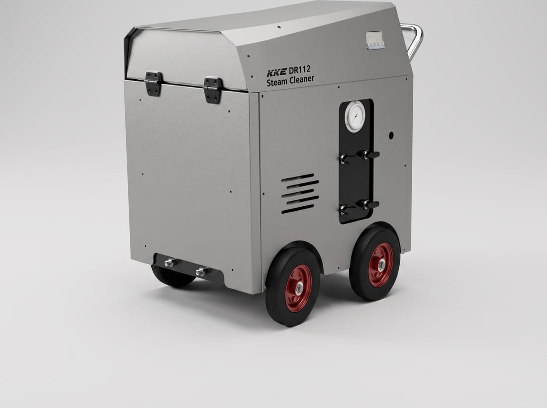 A KKE DR112 electric steam cleaner on a white studio background — a galvanised and powder coated trolley body with a hinged top, a boiler pressure gauge and the four valves that set wet or dry steam on each of its two outlets, a stainless push handle and four wheels