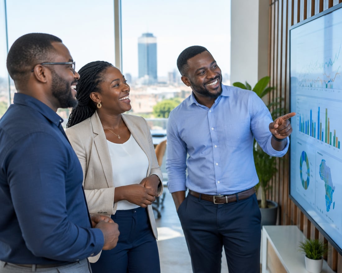 Ghanaian professionals reviewing a dashboard in an Accra office