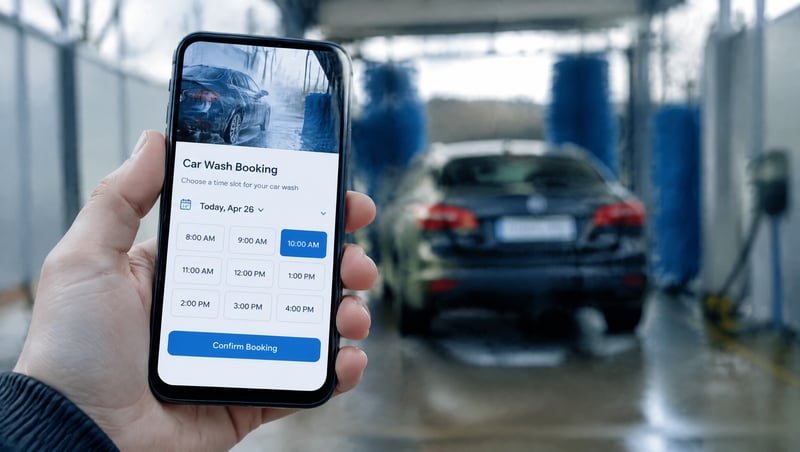 A hand holding a phone showing a car wash booking slot
