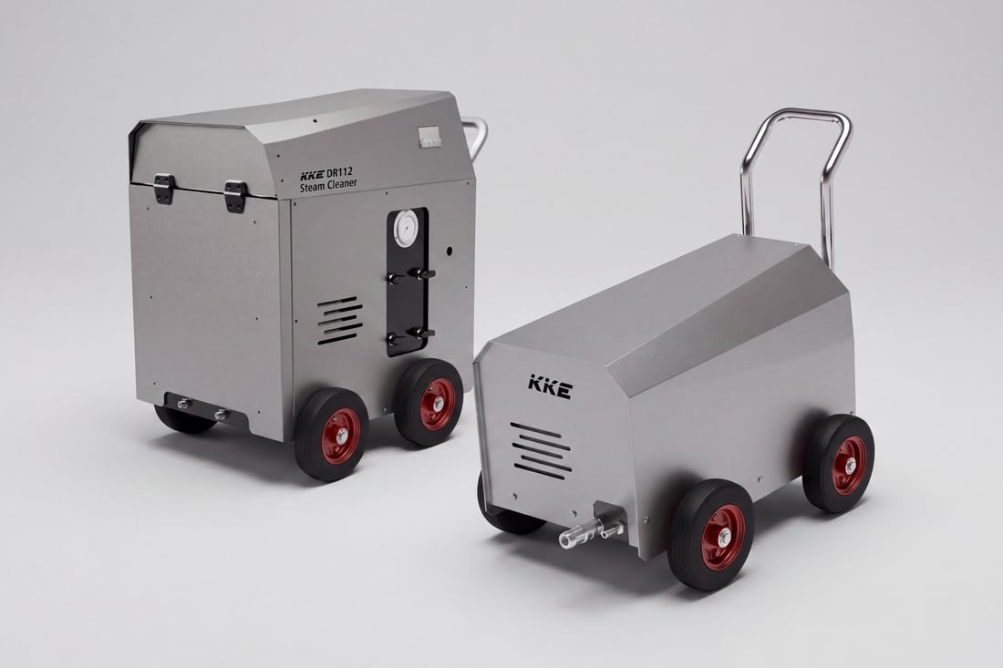 A KKE DR112 steam cleaner and a KKE high pressure cleaner side by side on a workshop floor, both matte silver trolley machines on pneumatic wheels