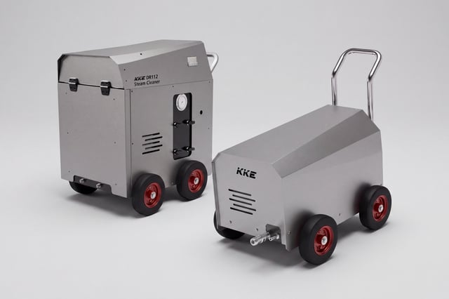 A KKE DR112 steam cleaner and a KKE high pressure cleaner side by side