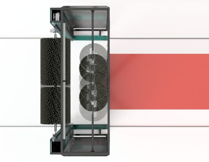 Plan view of a KKE 504 three-brush truck wash looking straight down: the roof brush lying across the vehicle and both vertical brushes driven in to the centre line of the bay, overlapping across the end of the bus beneath them