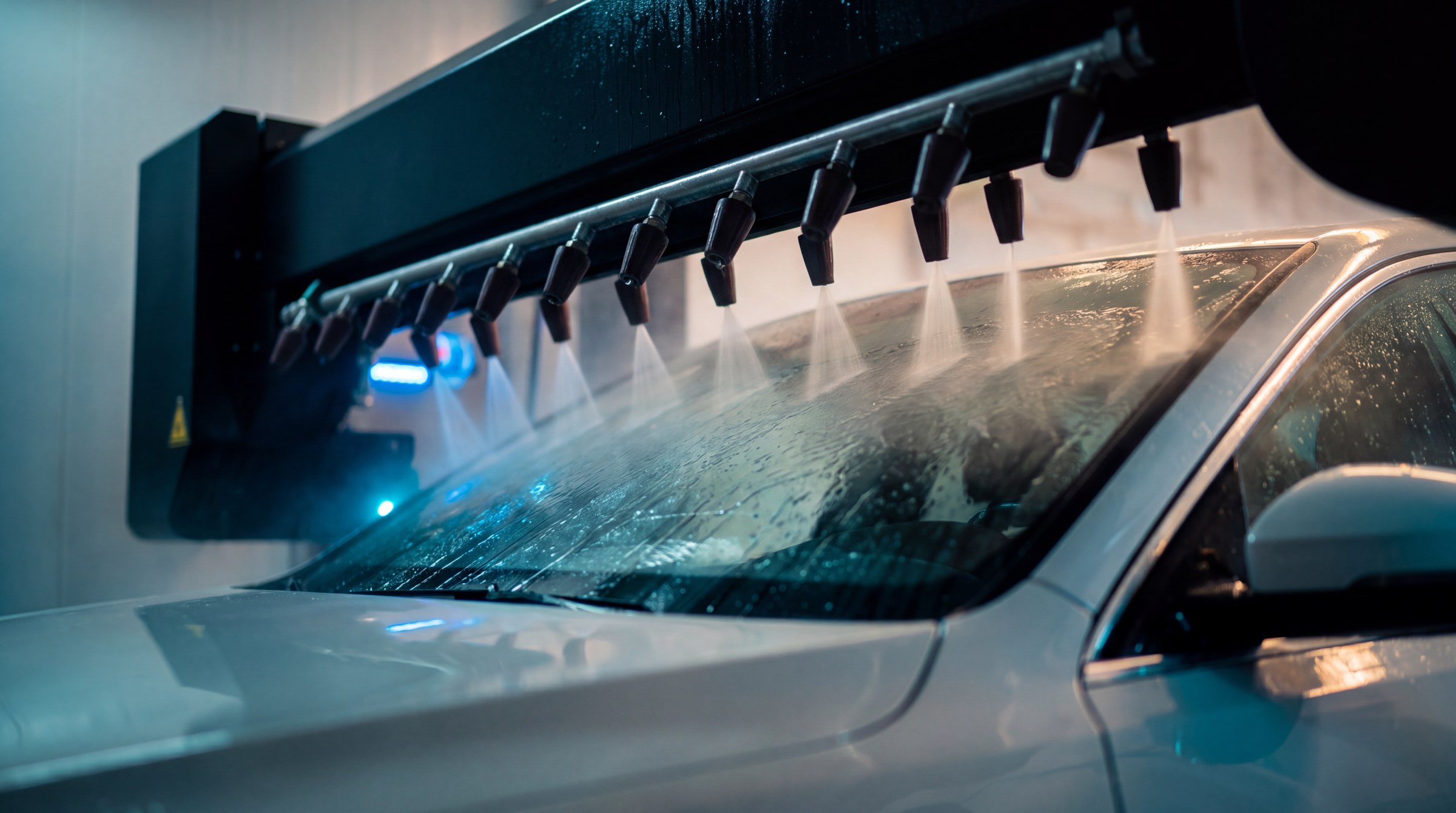 The overhead nozzle bar of a KKE Wave tracking the slope of a car's windscreen
