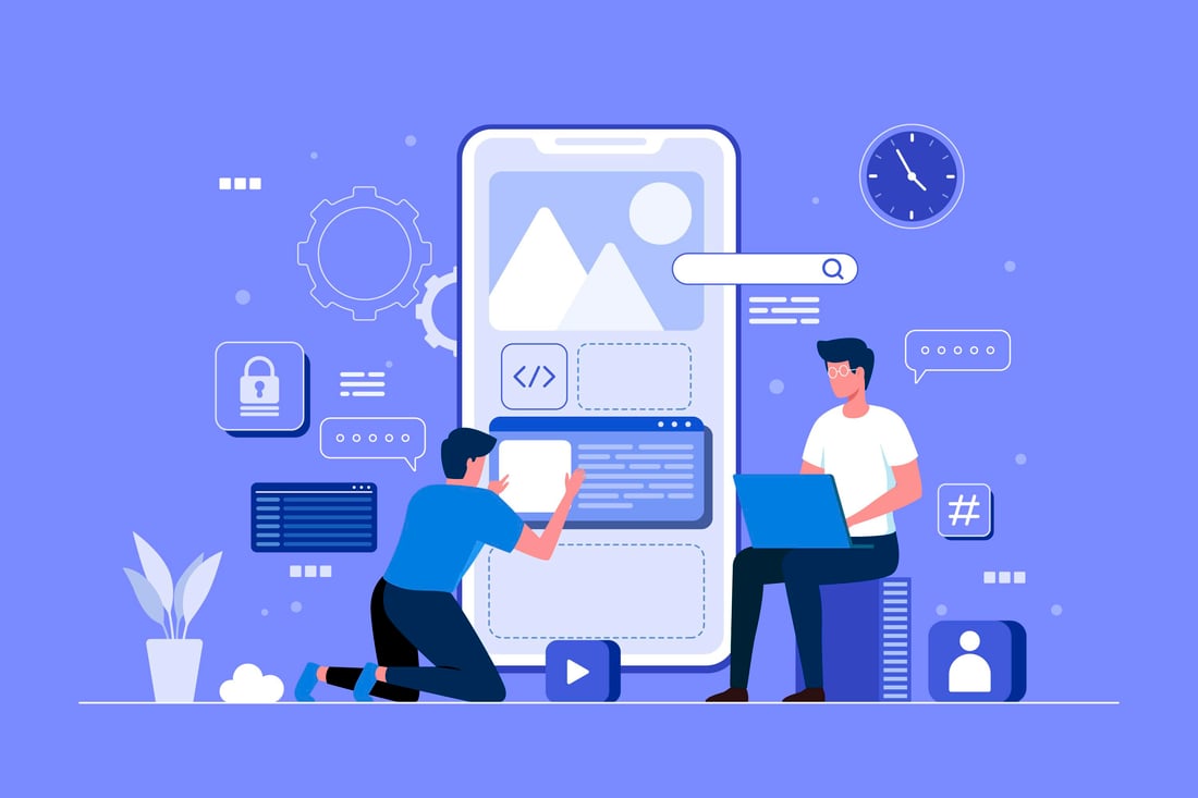 Illustration of a SaaS product being designed across phone and web