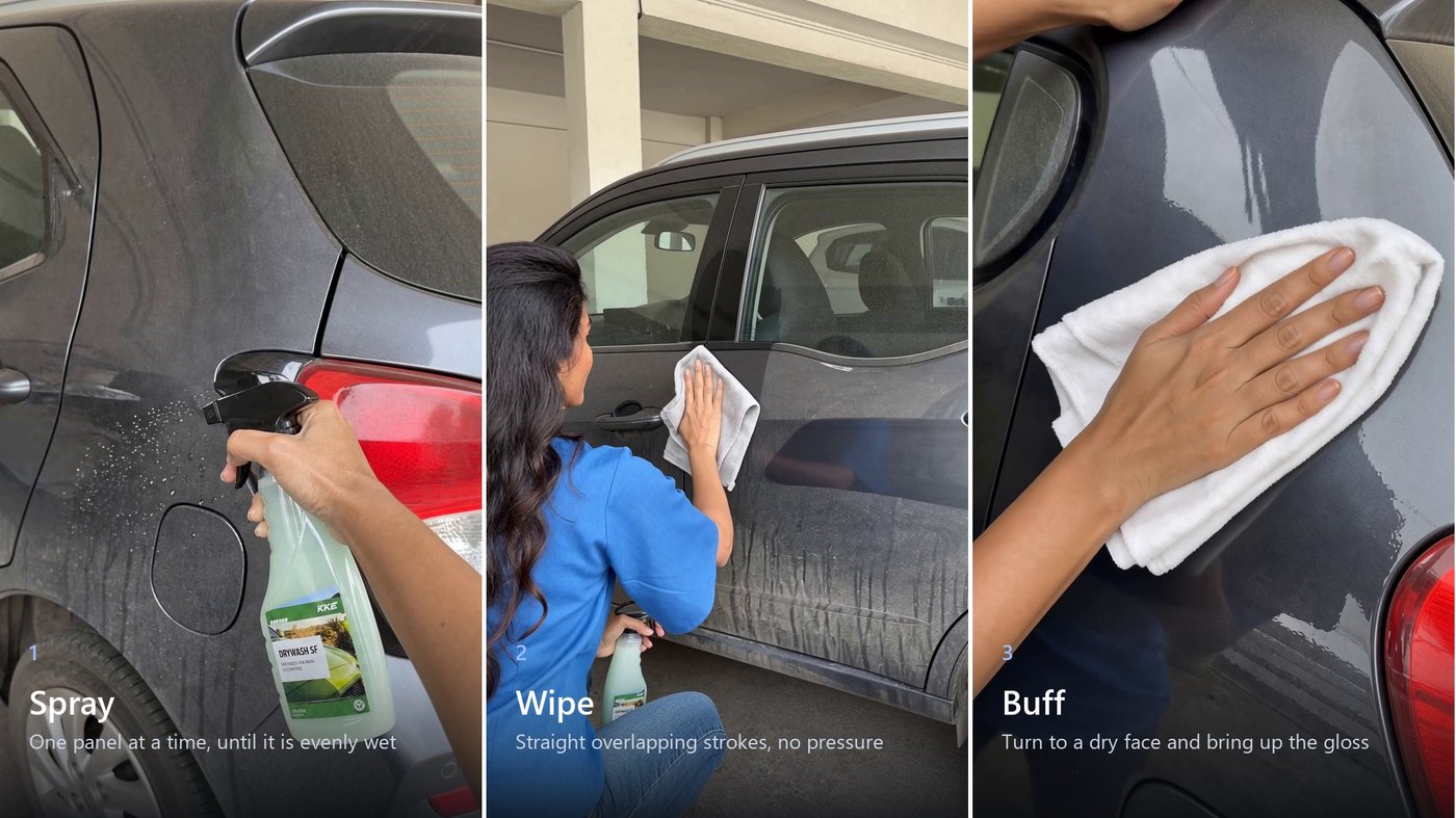 The three steps of a waterless car wash in order: spray one panel until it is evenly wet, wipe with straight overlapping strokes and no pressure, then buff with a dry towel face to bring up the gloss.