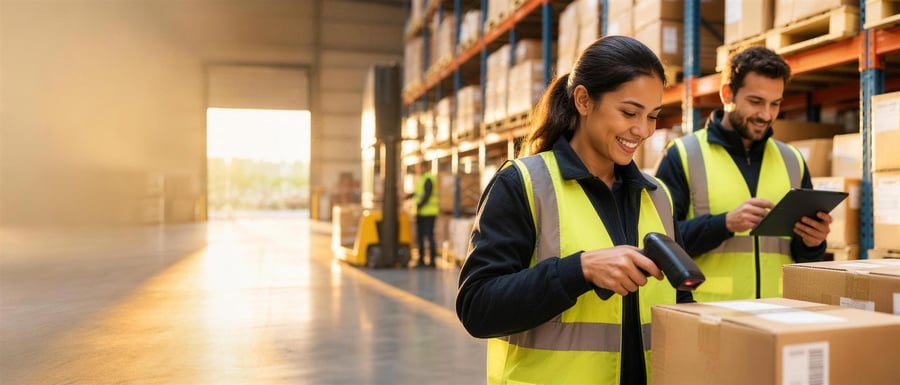 A warehouse supervisor scans a parcel while a colleague checks stock on a tablet in a distribution centre at golden hour