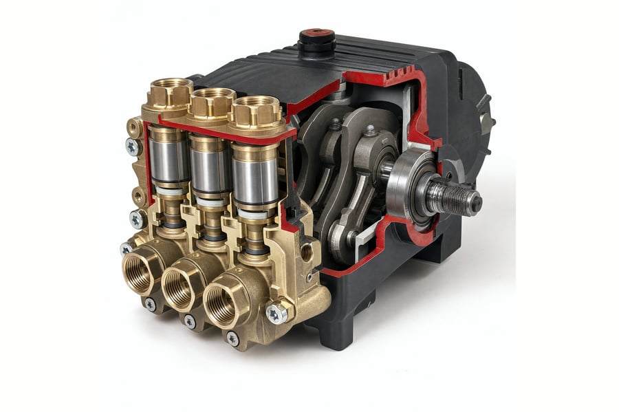 Cross-section of an industrial triplex plunger pump, cut on the plane through the crankshaft and all three plunger axes: the forged crankshaft on its ball bearing inside a black finned crankcase, three connecting rods, and three plungers with their seal packs running into a solid brass manifold head with three threaded ports