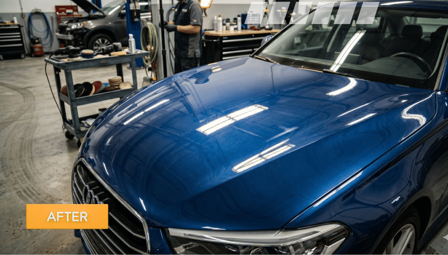 Deep blue car bonnet after a P-Series paint correction, with sharp mirror reflections