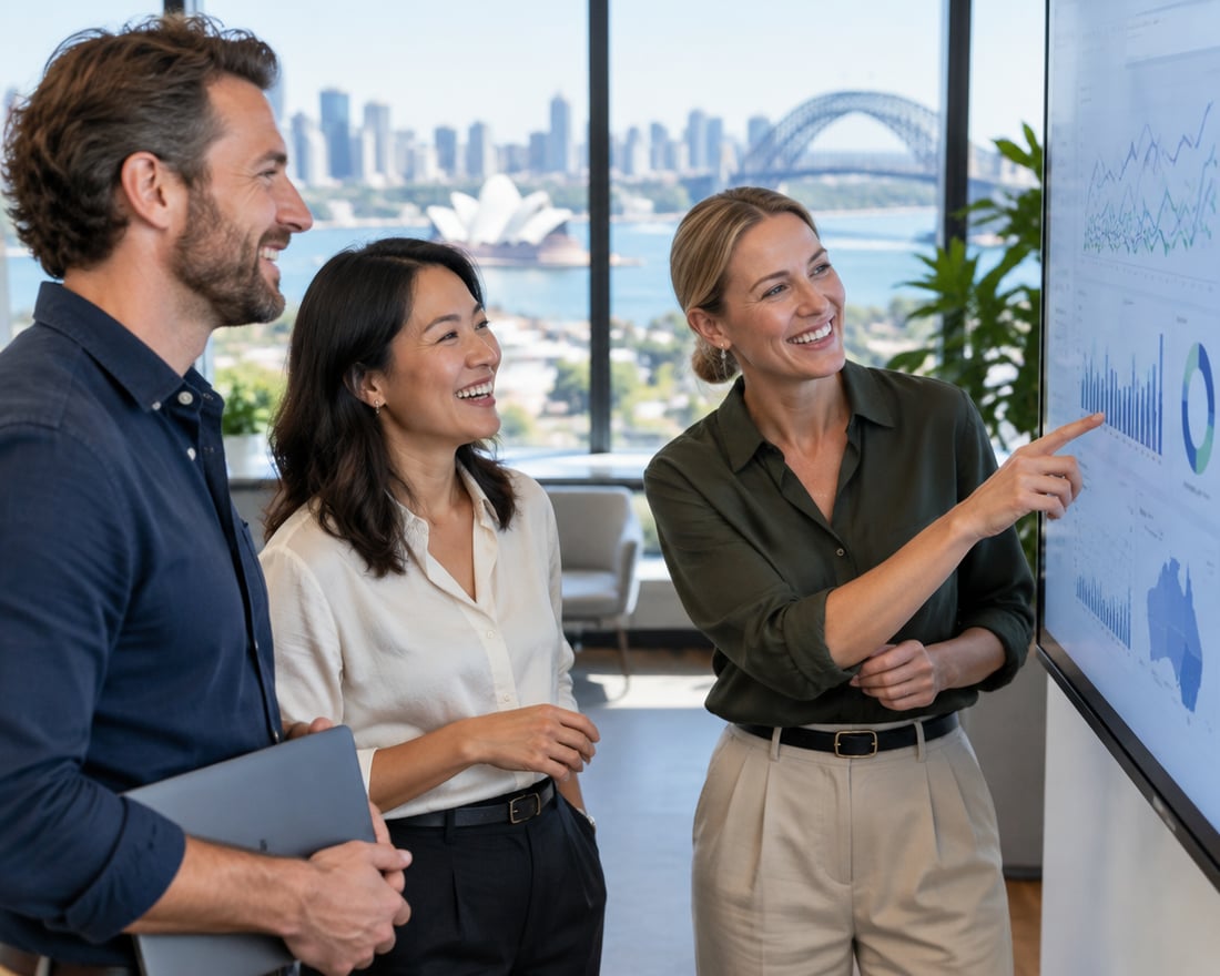 Australian professionals reviewing a dashboard in a Sydney office