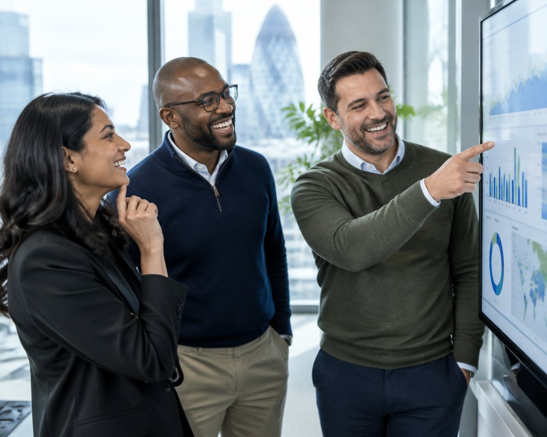 British professionals reviewing a dashboard in a London office