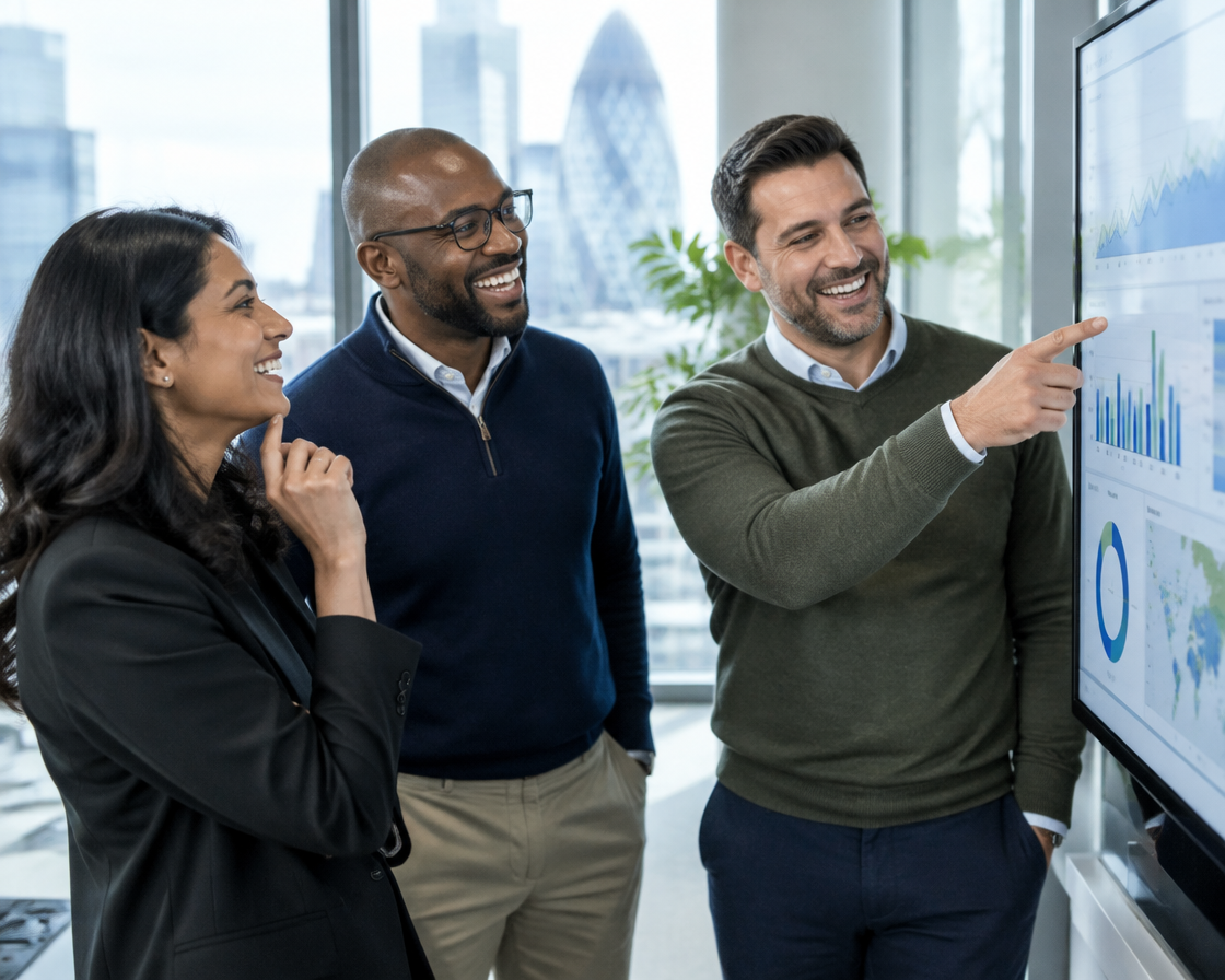 British professionals reviewing a dashboard in a London office
