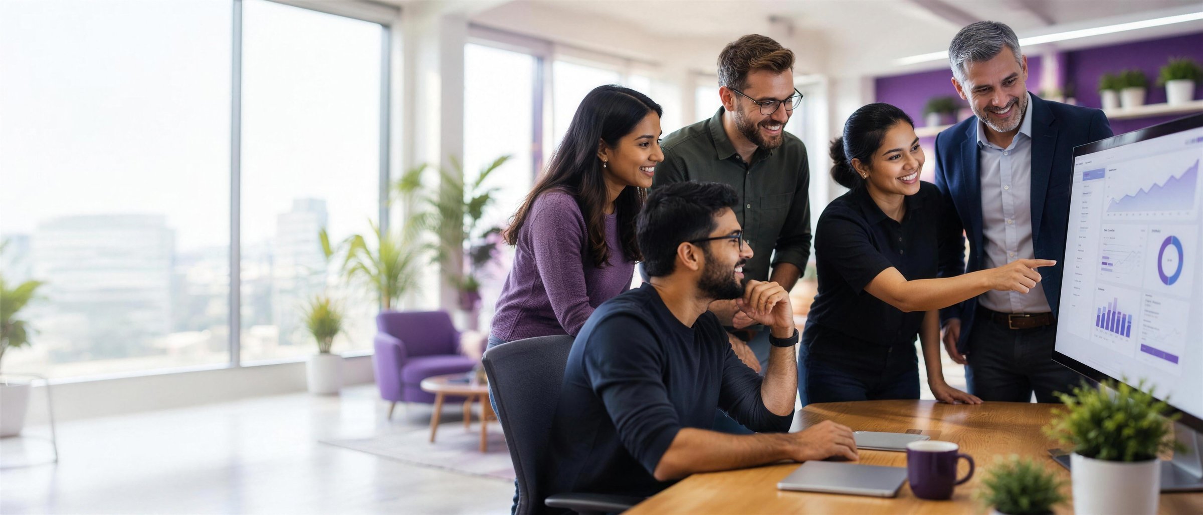 A team of software engineers and a client laughing together as they review a business dashboard on a large screen in a bright studio