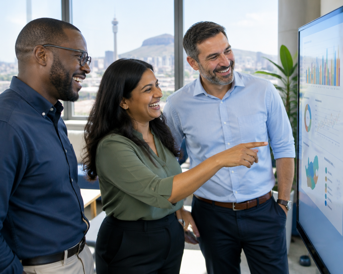 South African professionals reviewing a dashboard in a Johannesburg office