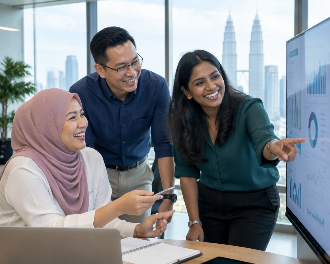 Malaysian professionals reviewing a dashboard in a Kuala Lumpur office