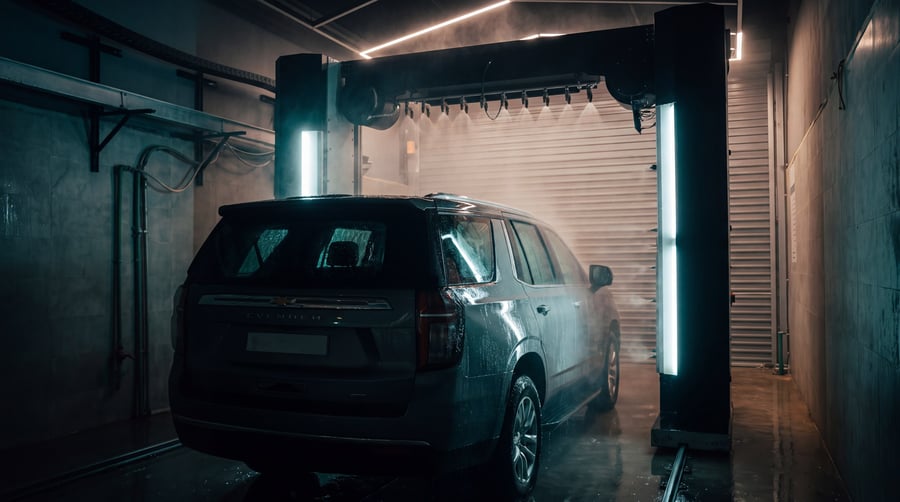 A large SUV in a KKE Wave bay with the foam rinsed away, water sheeting down clean wet paint