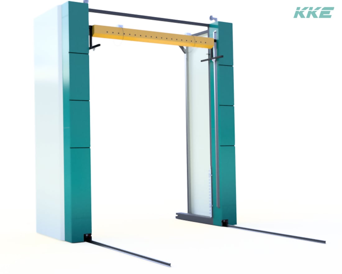 Render of a KKE bus and truck wash portal: a teal-panelled gantry standing on floor rails