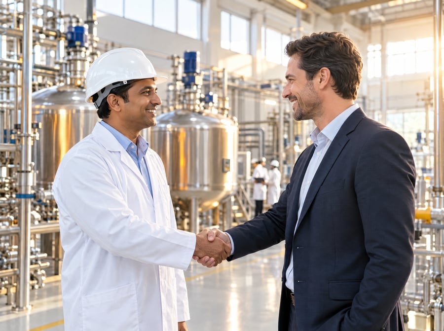 A production manager and a client shake hands inside a bright chemical manufacturing plant