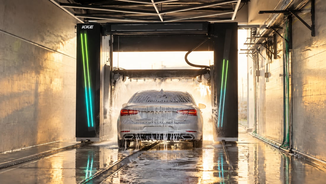 A KKE Wave touchless automatic car wash in a working bay at golden hour, water and foam on the floor