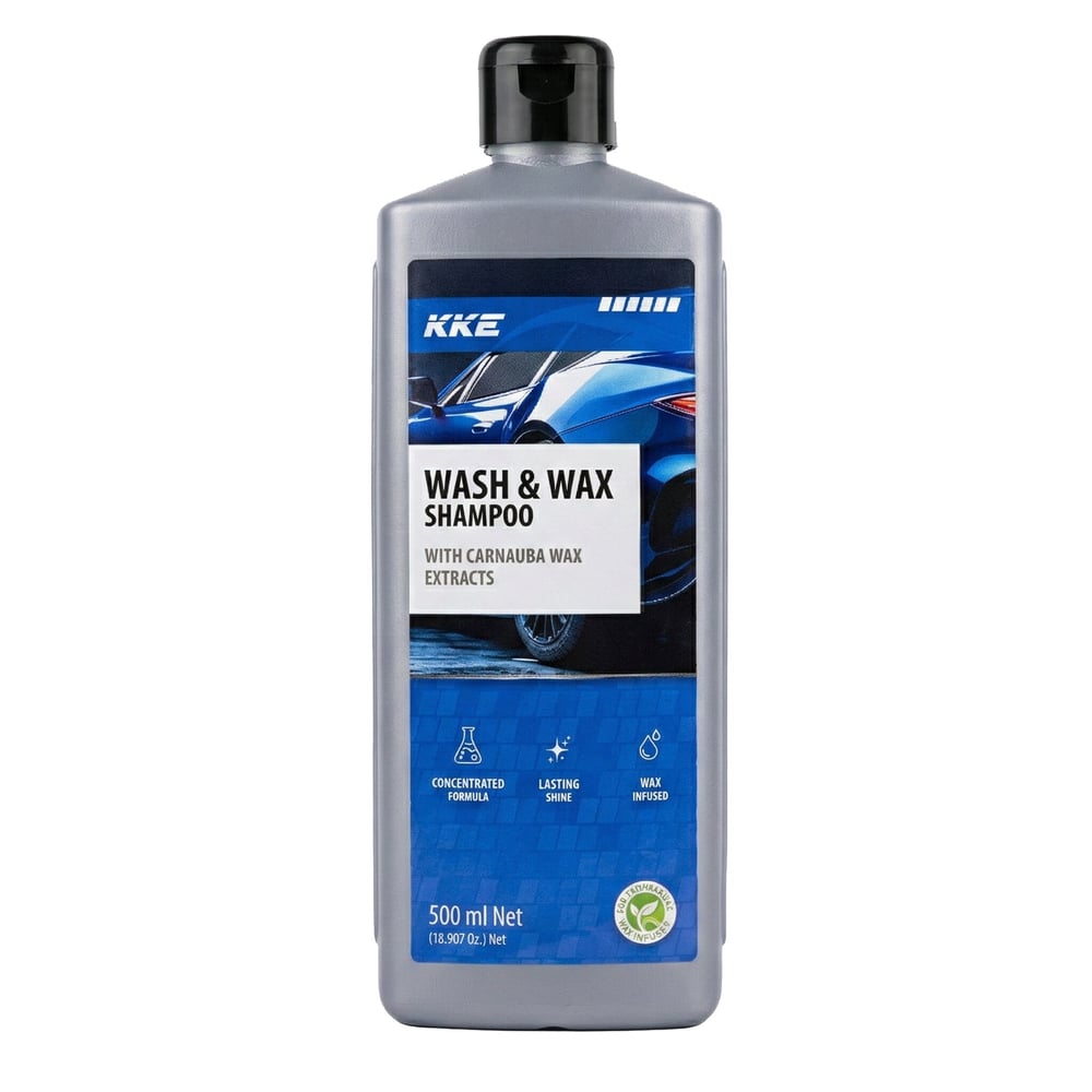 A 500 ml bottle of KKE Wash & Wax Shampoo with carnauba wax extracts