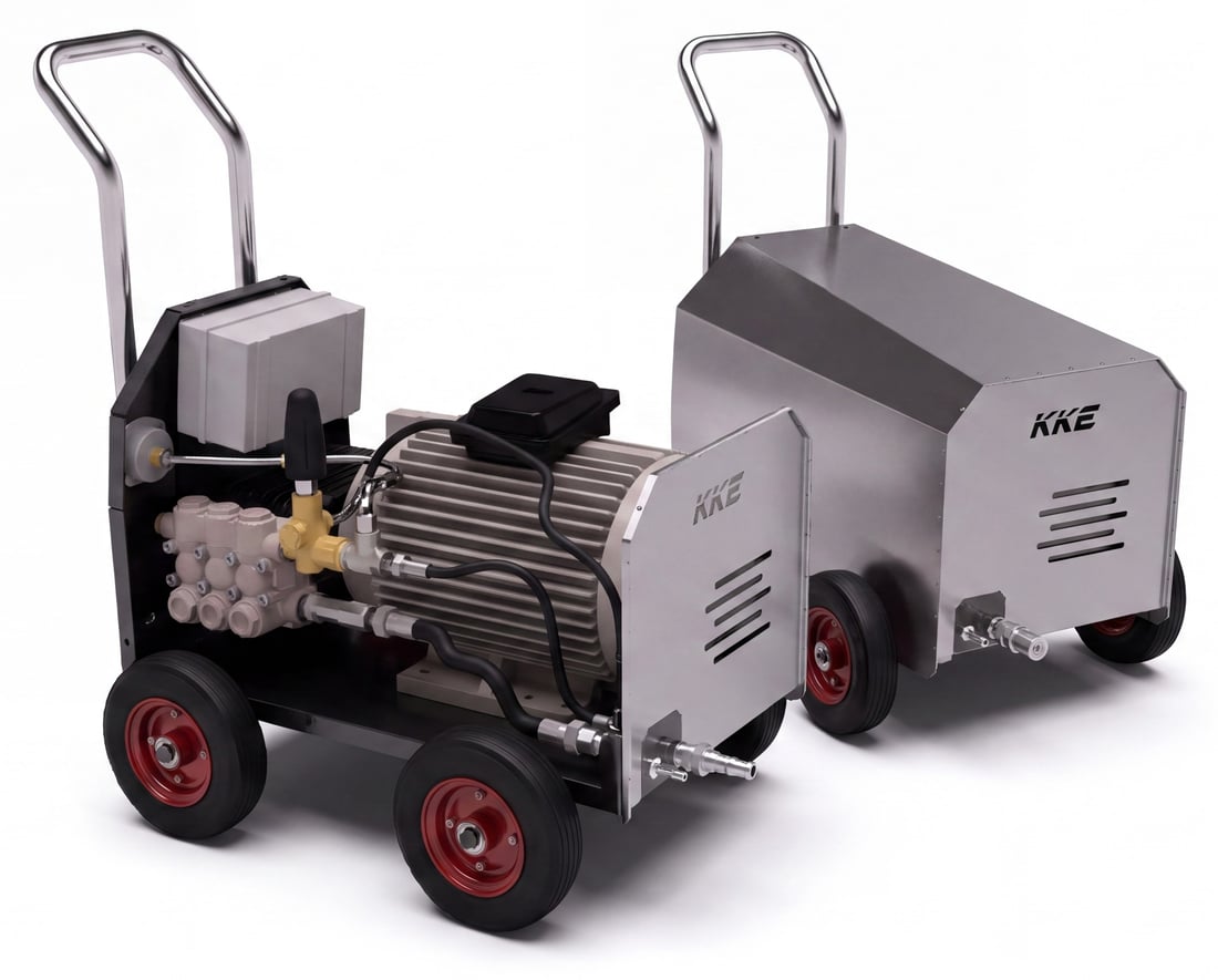 Two KKE Power Series high pressure cleaners on a white studio background — the near machine with its cover removed showing the triplex plunger pump, unloader valve and 1450 rpm motor, the far machine with its cover fitted
