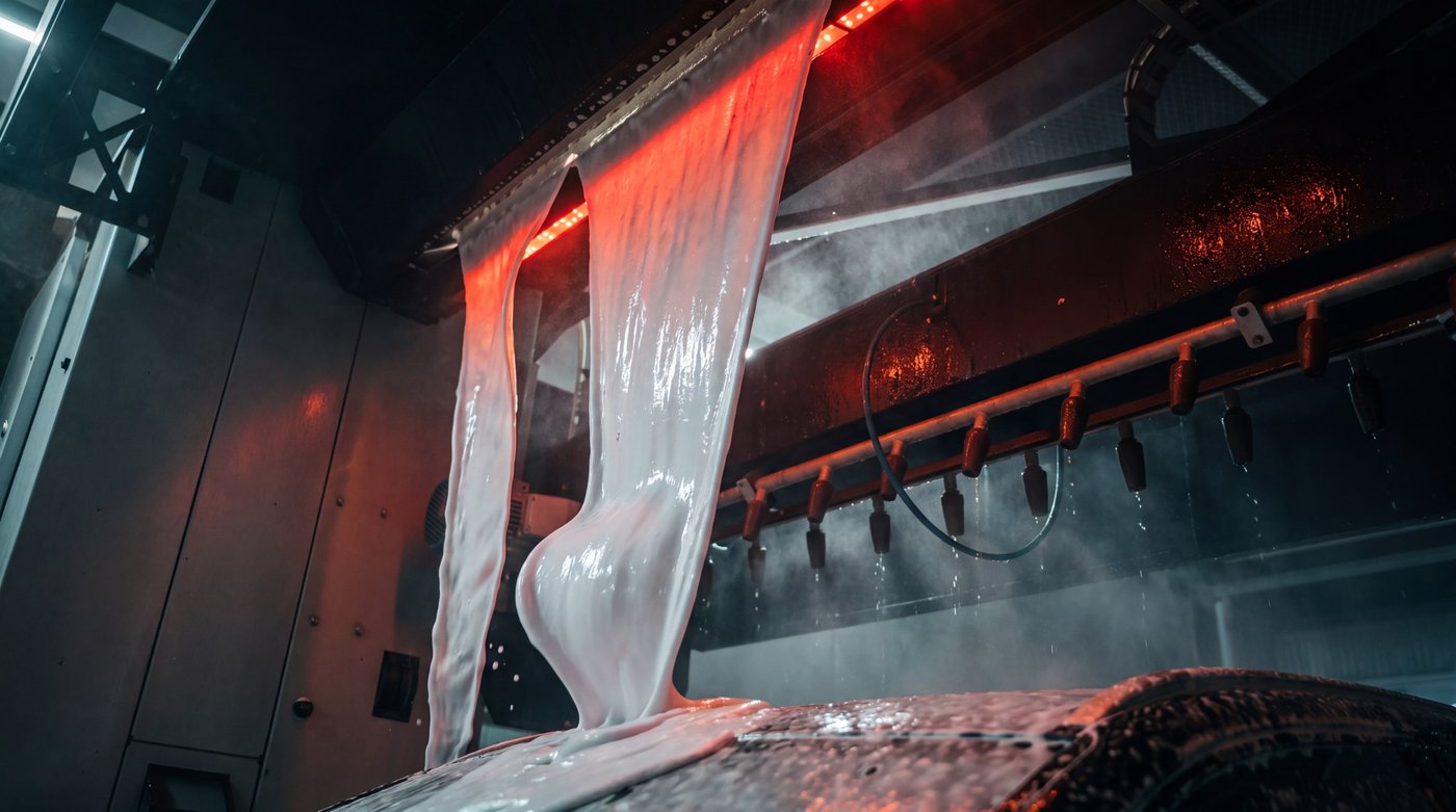 A thick sheet of wash foam pouring from the gantry beam under a red LED bar