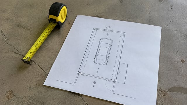 Tape measure and a site plan on a concrete floor where a bay will go
