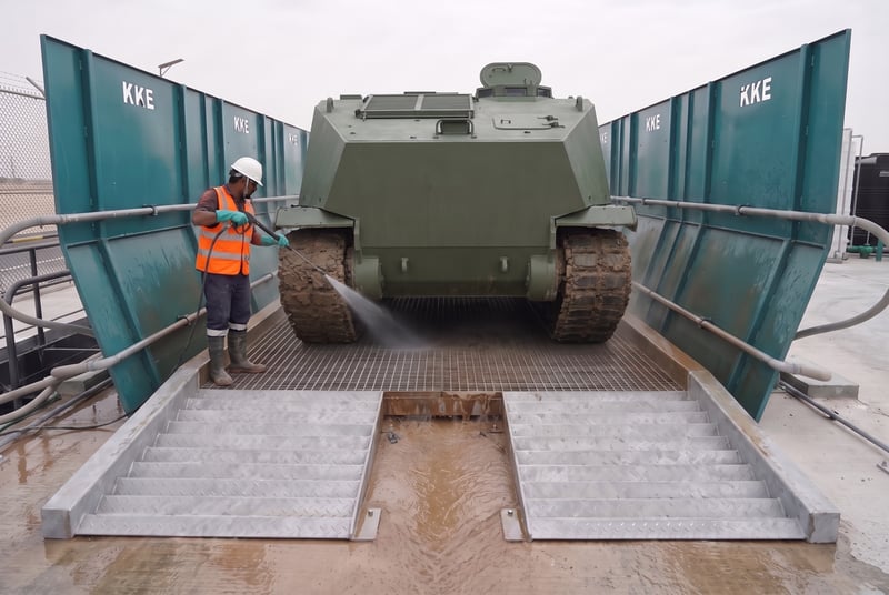 An operator in hi-vis washing the mud-packed tracks of a large armoured vehicle that fills a KKE wash rack between its two splash guard walls, seen head-on from the entry ramps