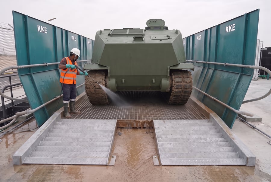 An operator in hi-vis washing the mud-packed tracks of a large armoured vehicle that fills a KKE wash rack between its two splash guard walls, seen head-on from the entry ramps