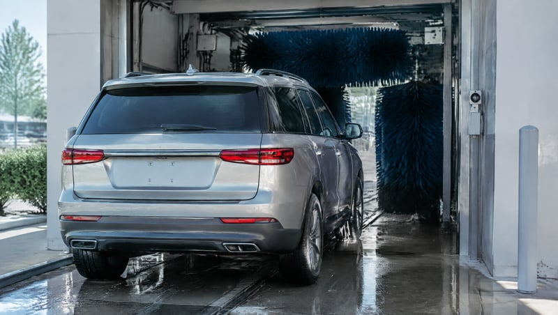 A large silver SUV entering an automatic car wash bay