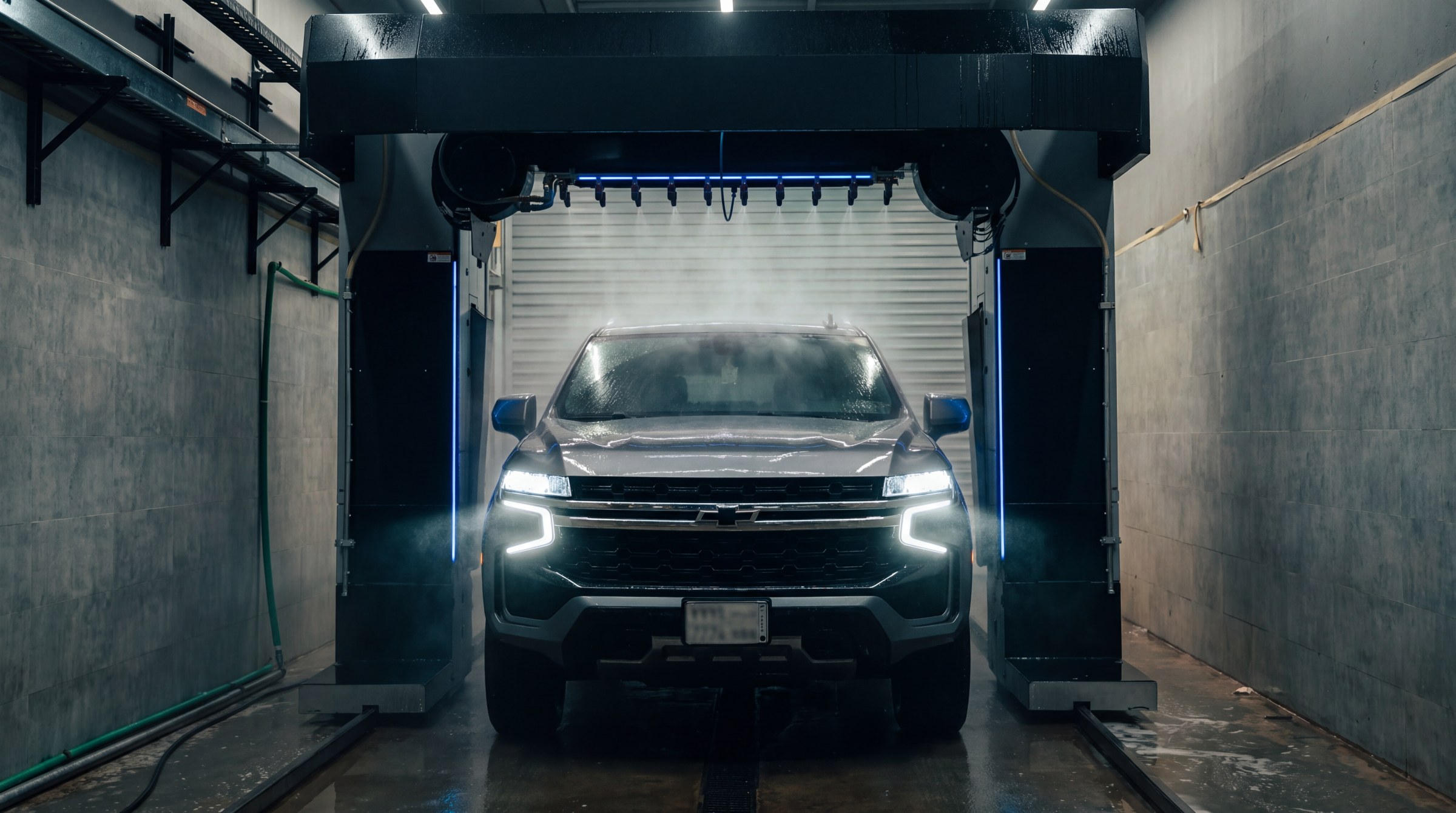 A full-size SUV with its headlights on standing between the two columns of a KKE Wave