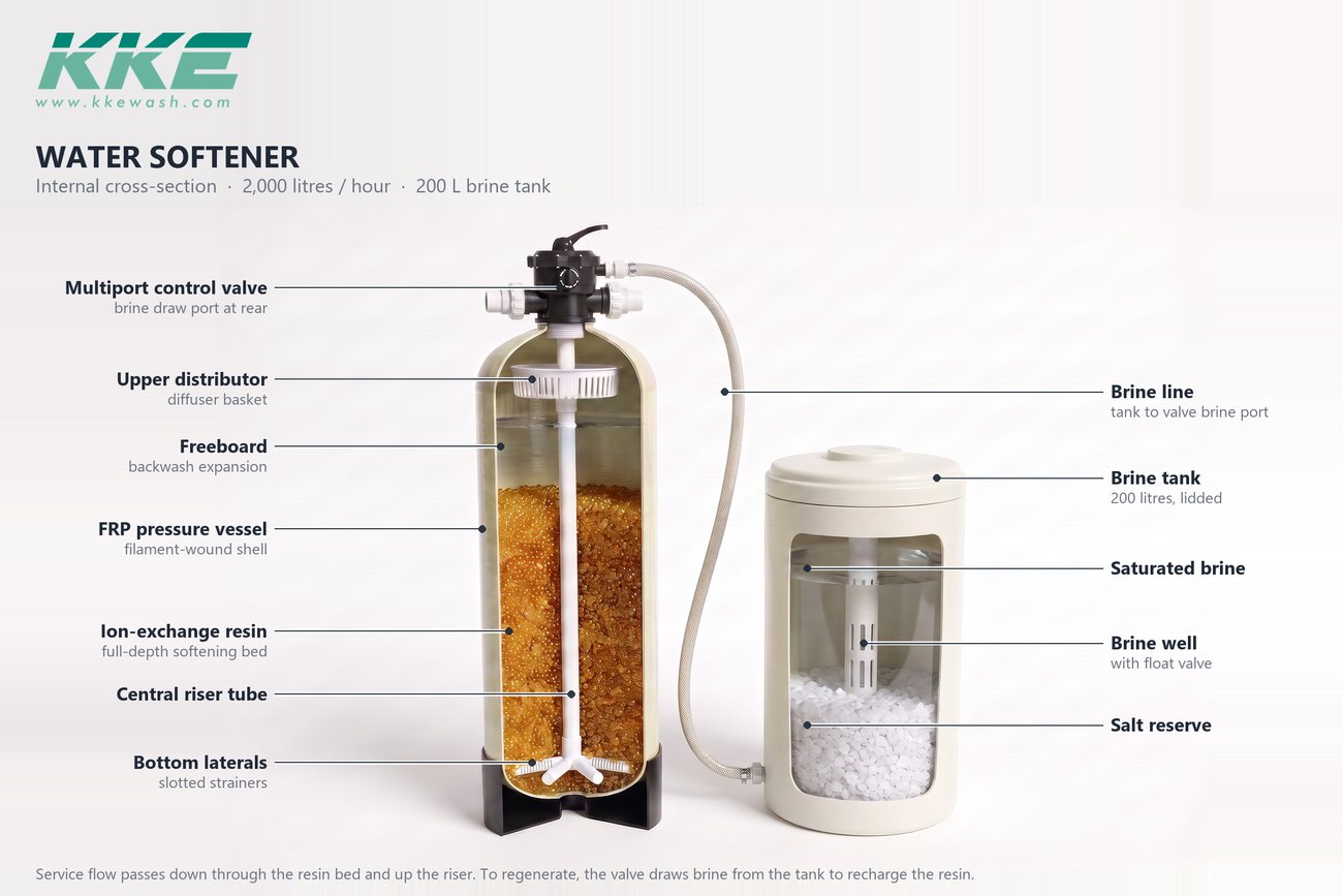 Labelled cutaway of the KKE W100 resin softener: multiport valve with brine draw port, upper distributor, freeboard and a full-depth ion-exchange resin bed above the bottom laterals, with the lidded brine tank, brine well, float valve and salt reserve alongside