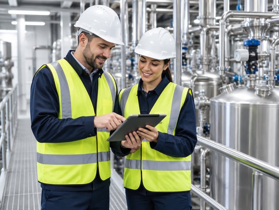 Two process engineers in hard hats reviewing a tablet on a walkway between stainless steel tanks in a manufacturing plant