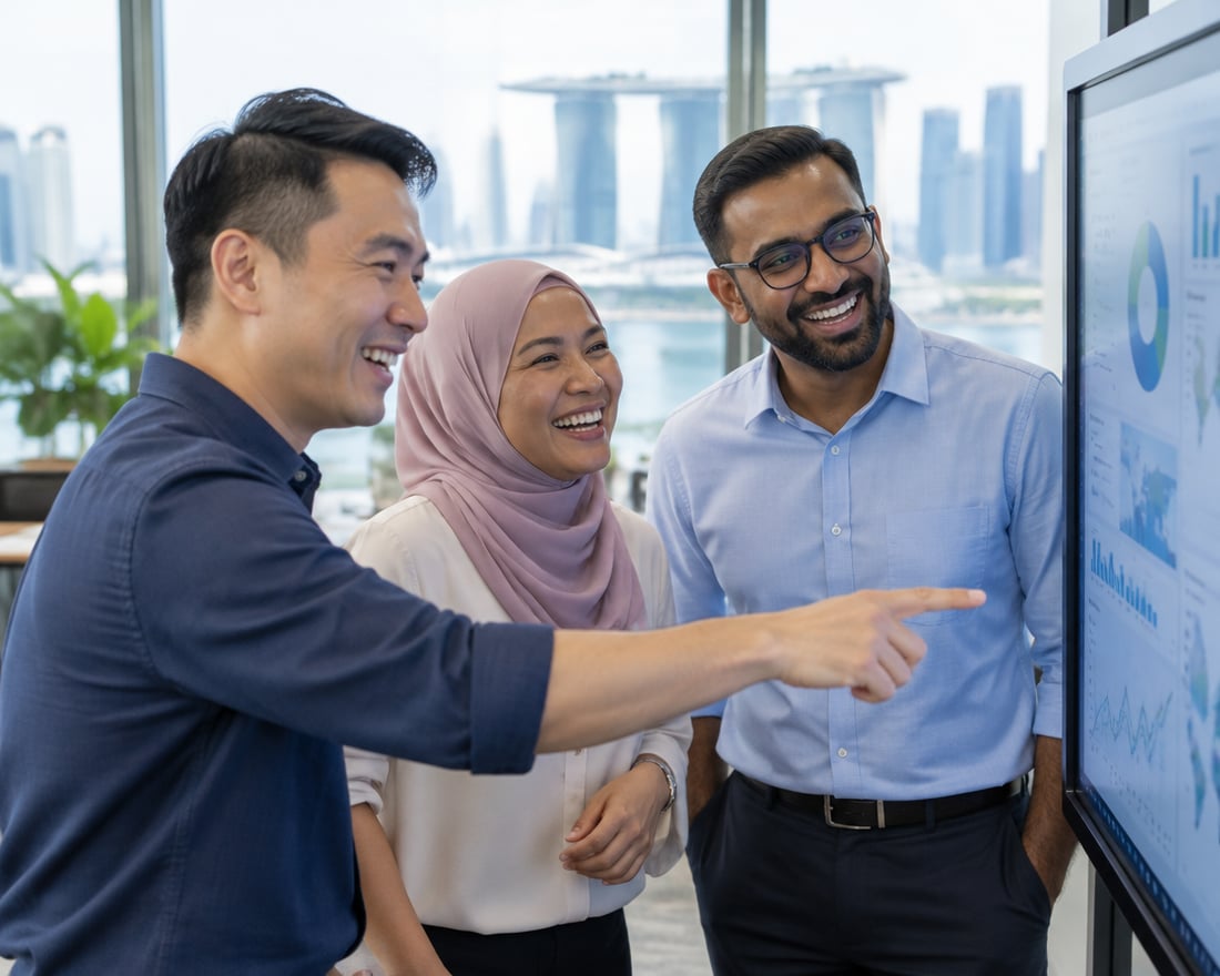 Singaporean professionals reviewing a dashboard in a Singapore office