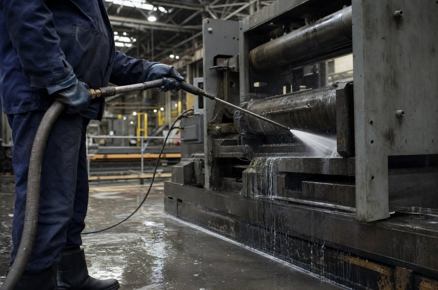 A maintenance worker washing down a large steel production machine on a factory floor with a high pressure lance, grease and dust sheeting off the frame