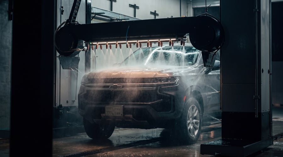 The overhead nozzle beam of a KKE Wave sweeping low across the roof of a large SUV