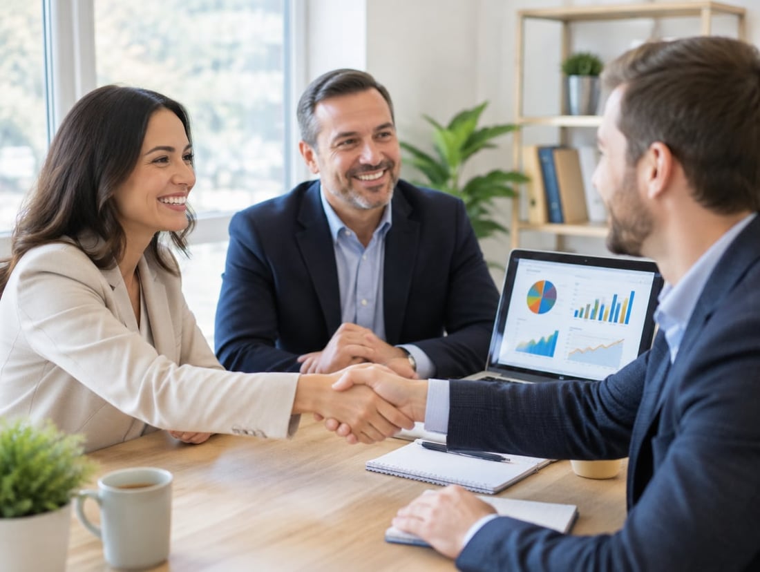 Two business owners shake hands with an ERP consultant beside a laptop showing sales charts