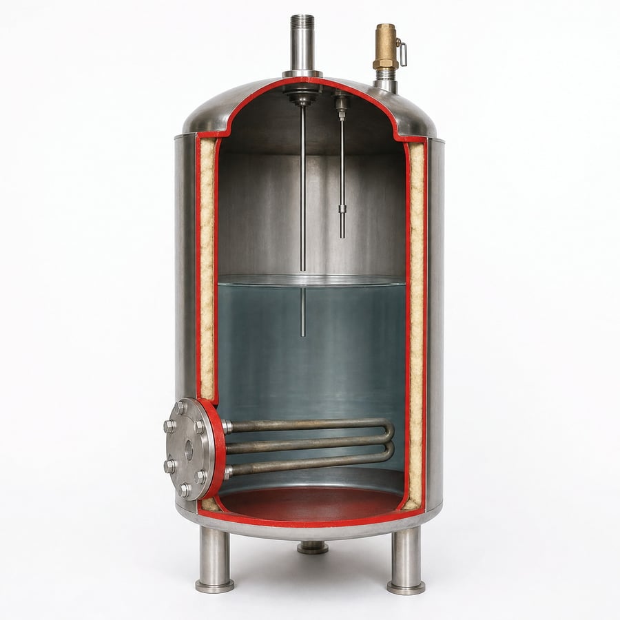 Cross-section of a vertical stainless steel steam boiler cut on the axis of the vessel: electric immersion heating elements entering through a flange low in the shell and submerged in water, an open steam space above the waterline, level probes hanging from the domed top head, a steam take-off pipe and a brass safety relief valve, and mineral wool insulation between the pressure shell and the outer jacket