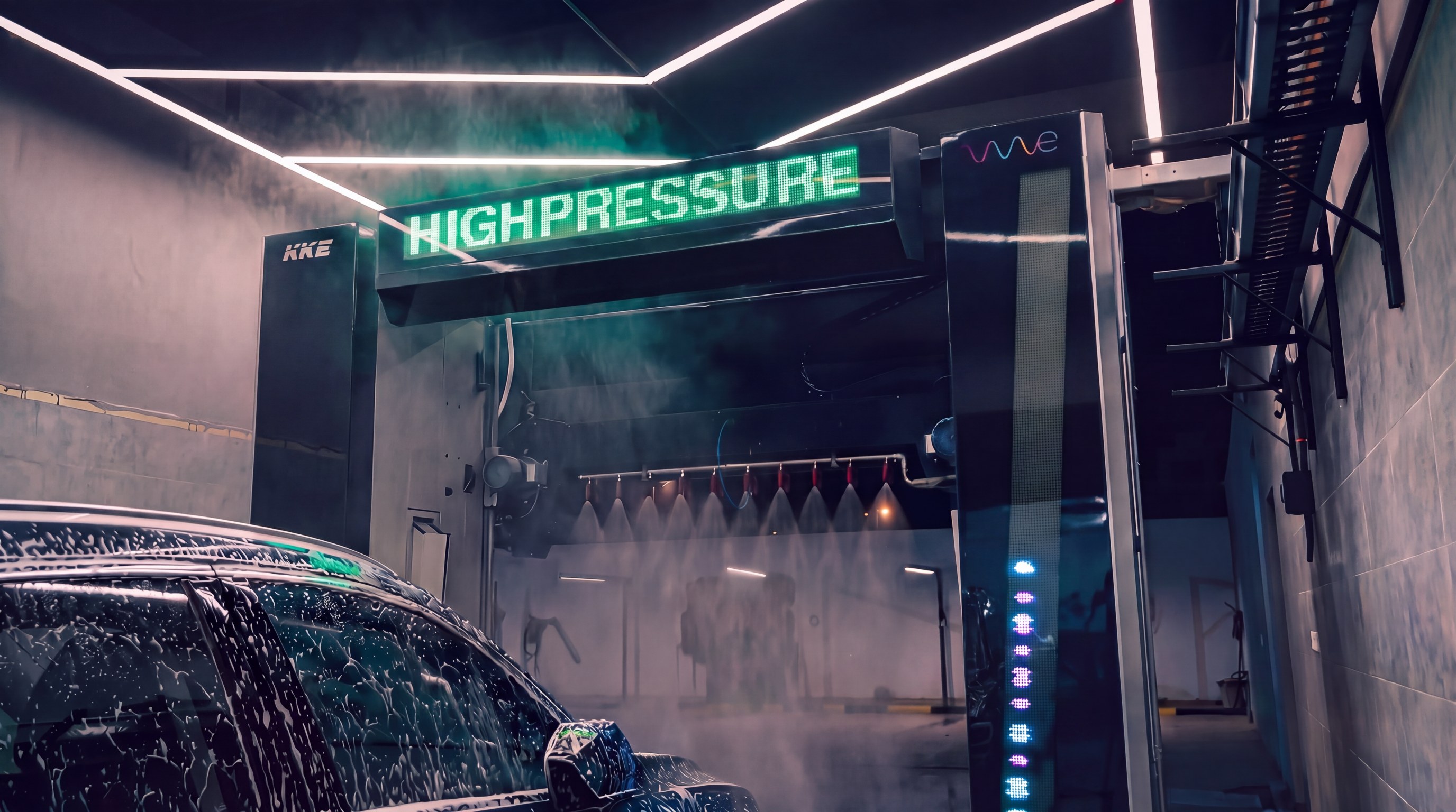 A KKE Wave touchless car wash mid-cycle, the programme display on the beam reading HIGHPRESSURE in green above a foam-covered car