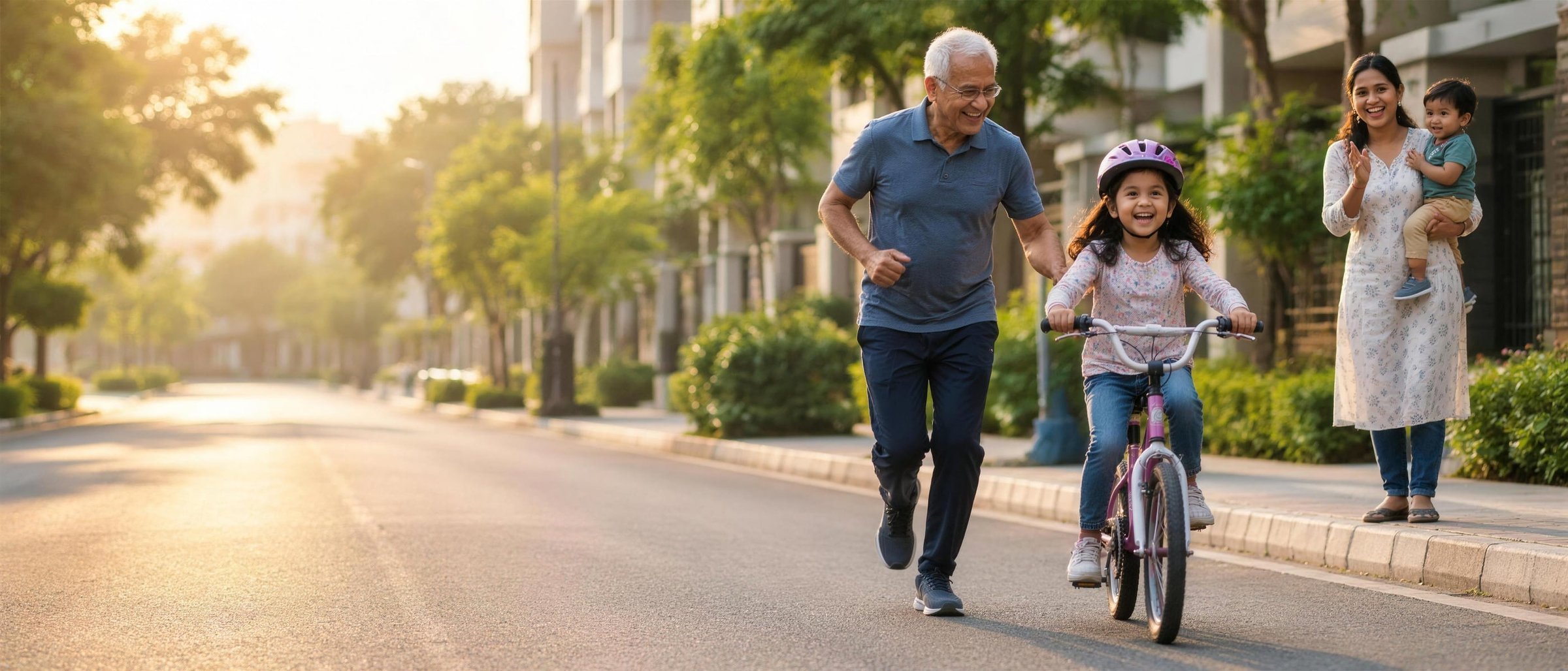 A grandfather runs beside his laughing granddaughter as she rides her first bicycle down a sunlit, tree-lined street, her mother cheering with a toddler on her hip