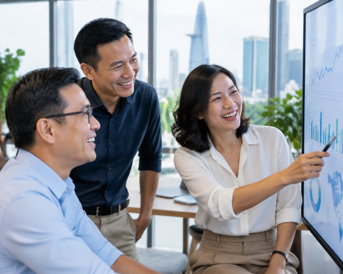 Vietnamese professionals reviewing a dashboard in a Ho Chi Minh City office