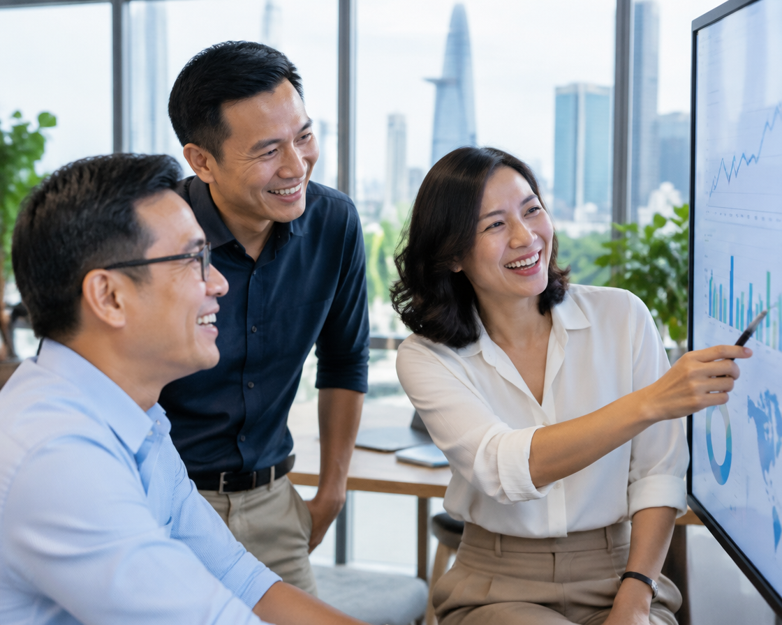 Vietnamese professionals reviewing a dashboard in a Ho Chi Minh City office