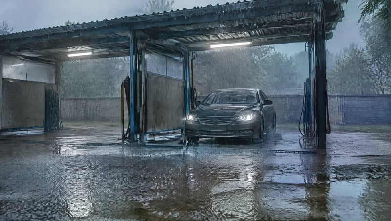 A car wash bay in heavy monsoon rain with puddles on the forecourt