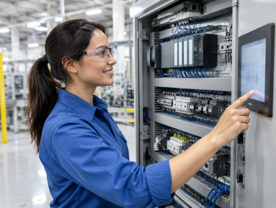 An electrical engineer in safety glasses working the touchscreen of an open control panel full of neatly wired PLC modules