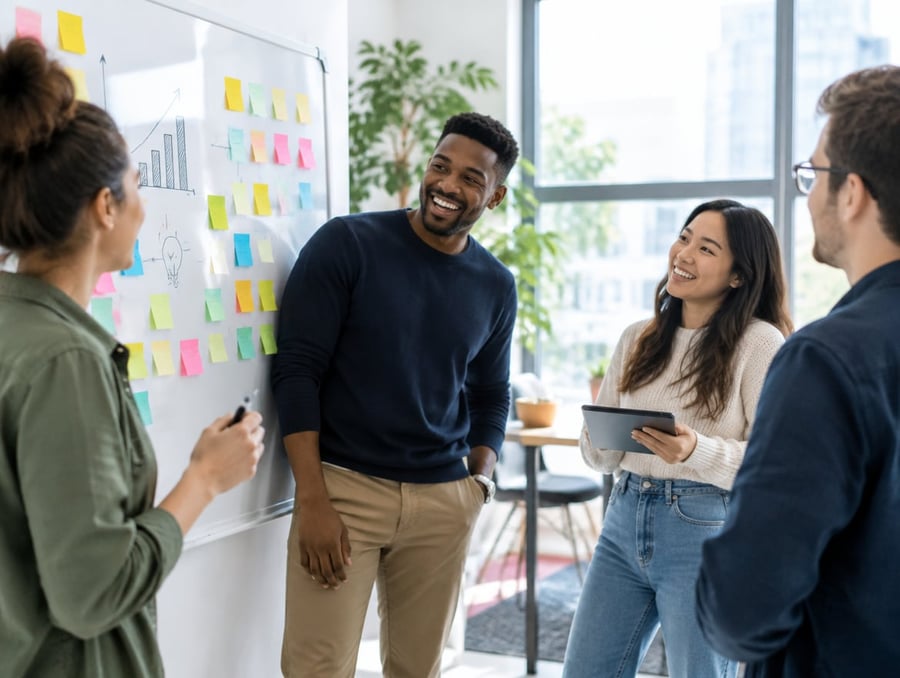 A digital marketing team brainstorming at a whiteboard covered in sticky notes