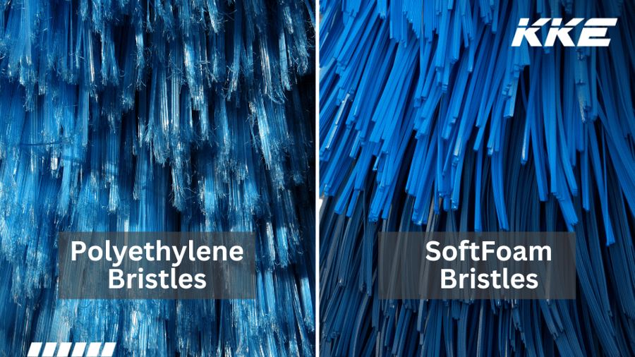 Close-up comparison of polyethylene bristle and SoftFoam brush material used on KKE rollover machines
