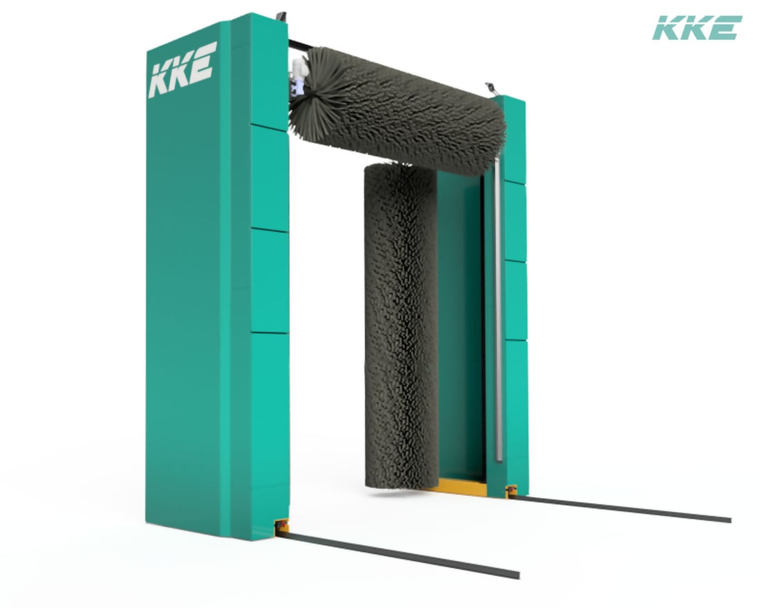Render of a KKE trolley bus and truck wash gantry: a teal-panelled portal standing on floor rails, a full-width roof brush across the top of it and a tall vertical brush hanging inside the opening