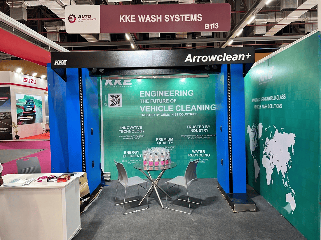 KKE Wash Systems Stand B113 at the Auto Components Show 2026, Chennai Trade Centre, with an Arrowclean+ wash system installed on the stand