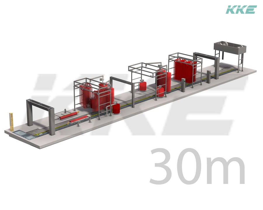 Isometric render of a KKE Gamma 30 m conveyor car wash tunnel: entry gantry, foam and wash arches, brush stations and the exit blower gantry along the conveyor lane
