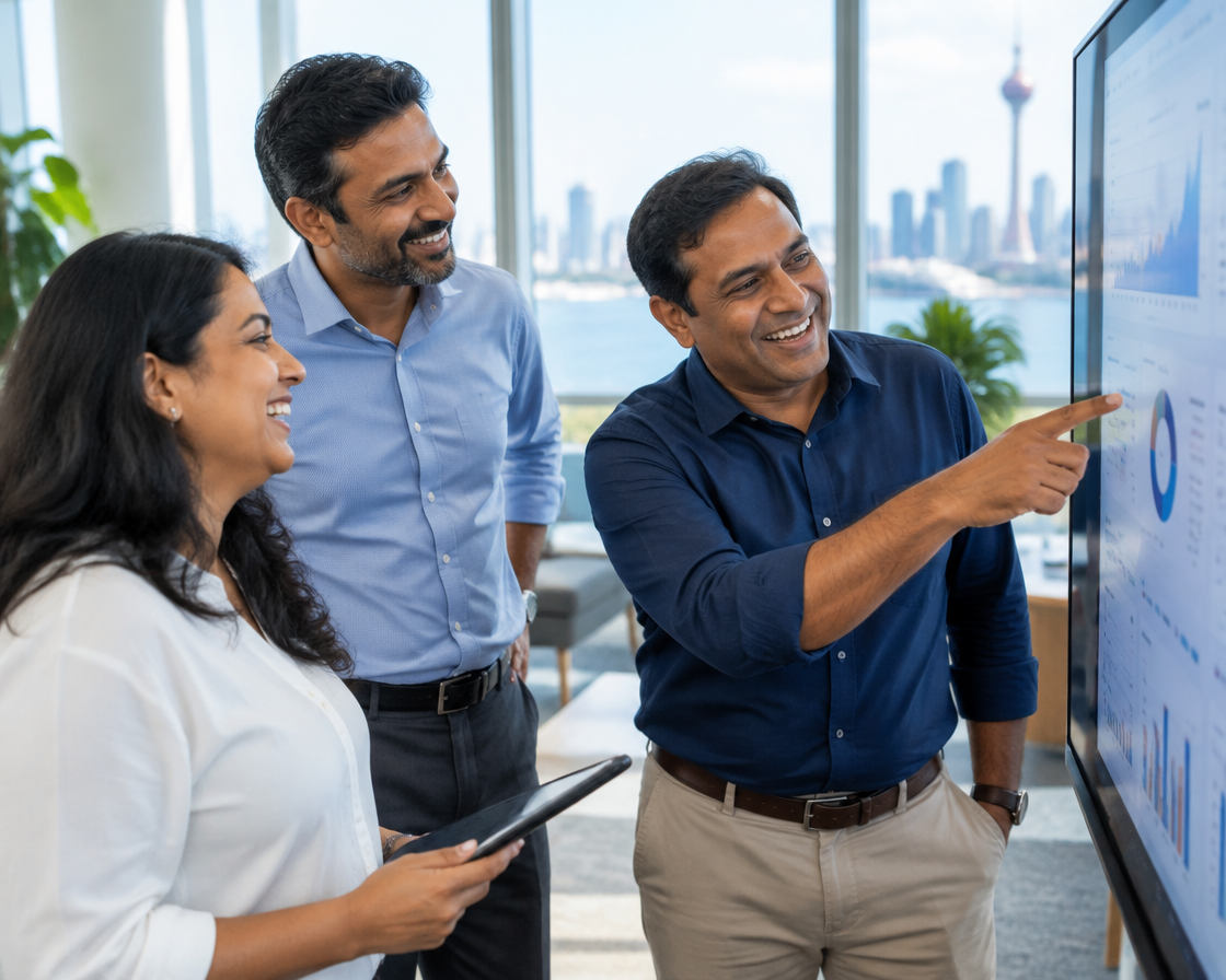 Sri Lankan professionals reviewing a dashboard in a Colombo office