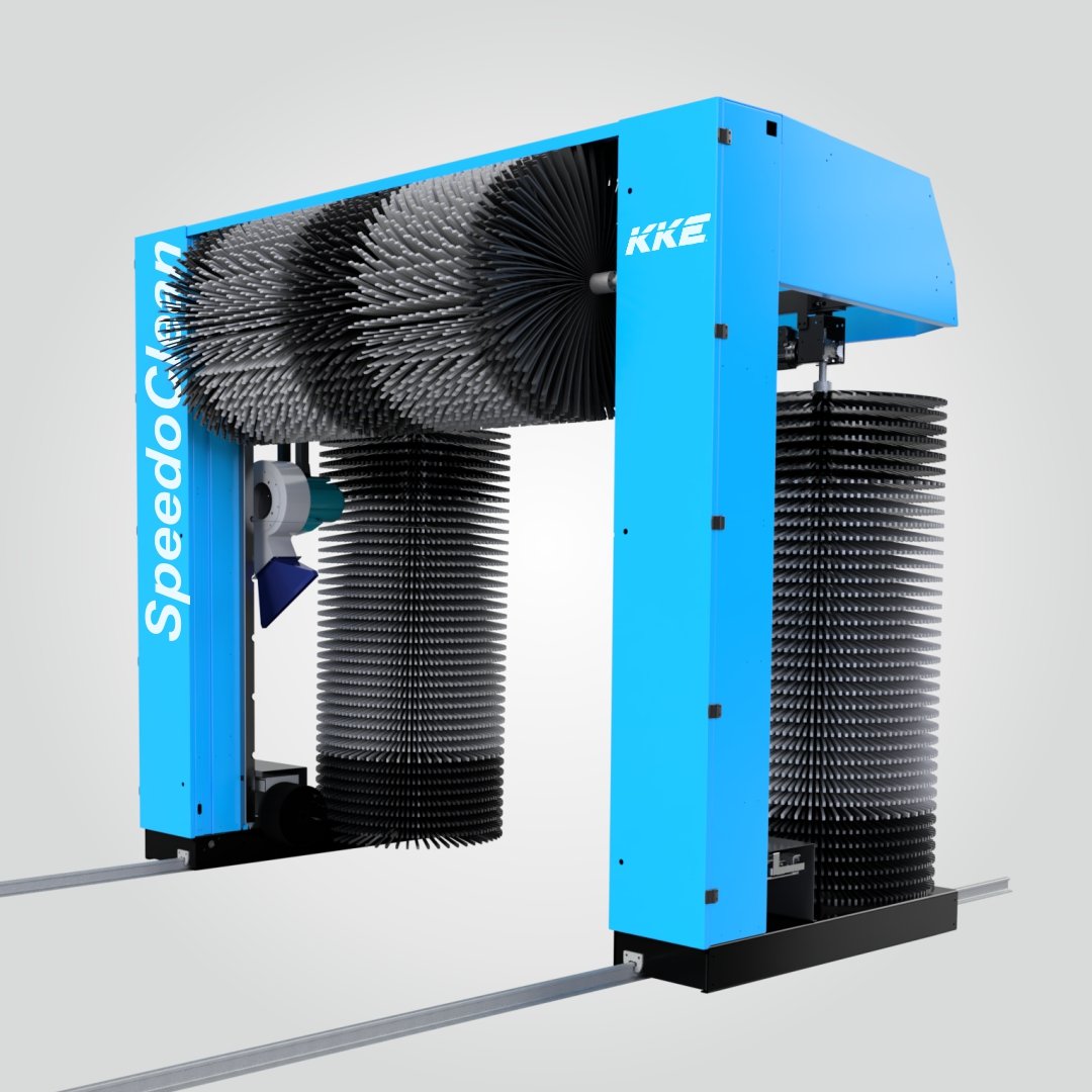 KKE Speedoclean rollover car wash machine, blue, showing its two vertical brushes and horizontal roof brush on the gantry rails